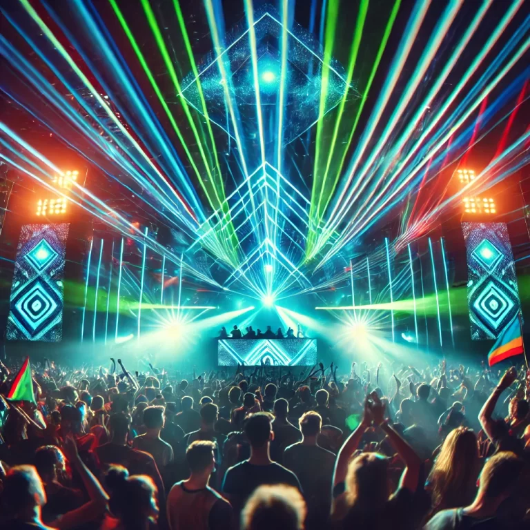 DALL·E 2024 10 07 16.21.00 A vibrant music festival scene at night with bright, colorful laser lights cutting through the air and a crowd dancing energetically. The atmosphere c