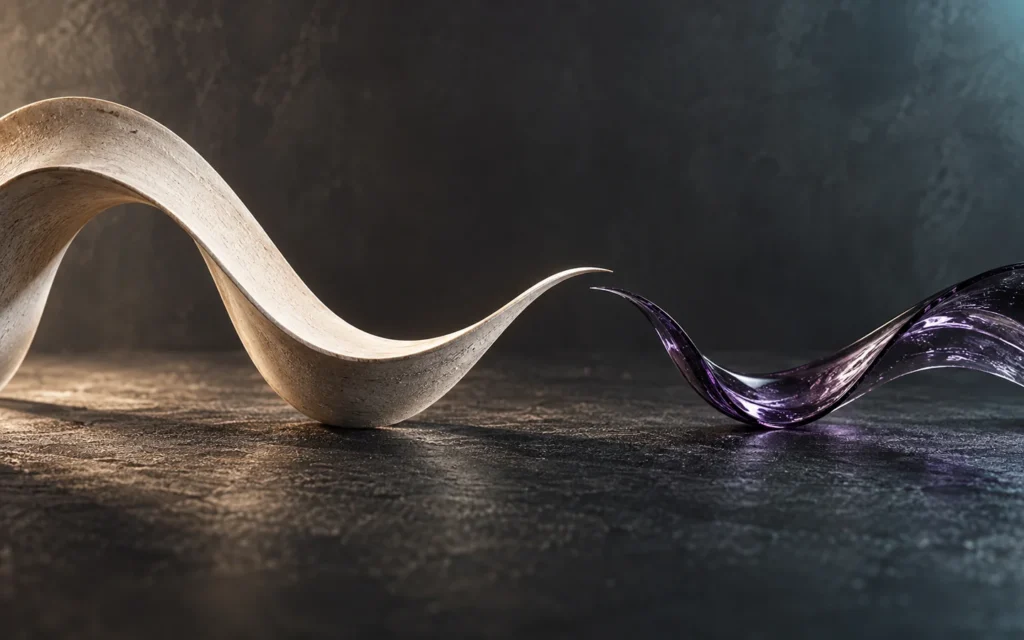 Ivory and violet sculptural ribbons curve toward each other against a dark background.