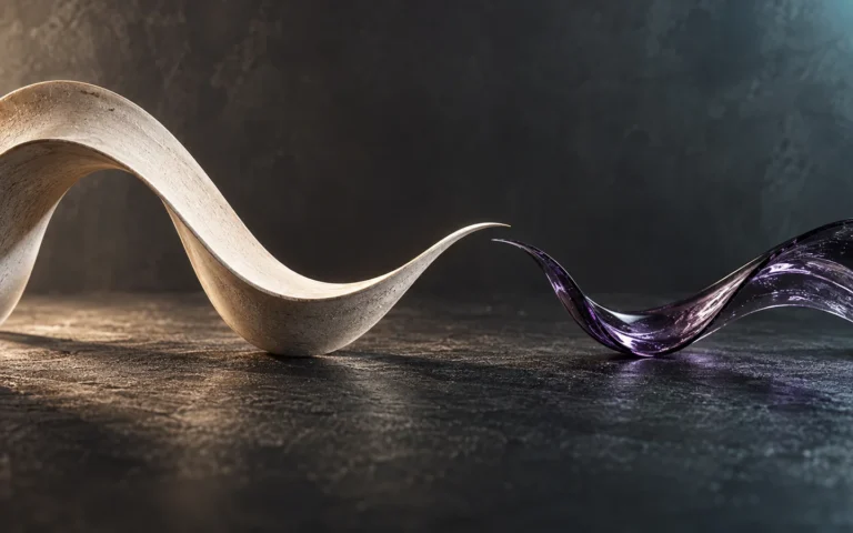 Ivory and violet sculptural ribbons curve toward each other against a dark background.