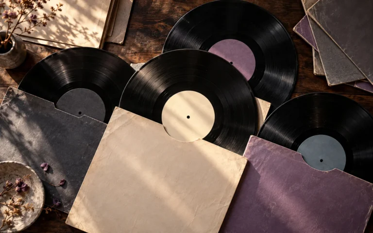 Unmarked record sleeves and vinyl arranged in warm light on a dark surface.