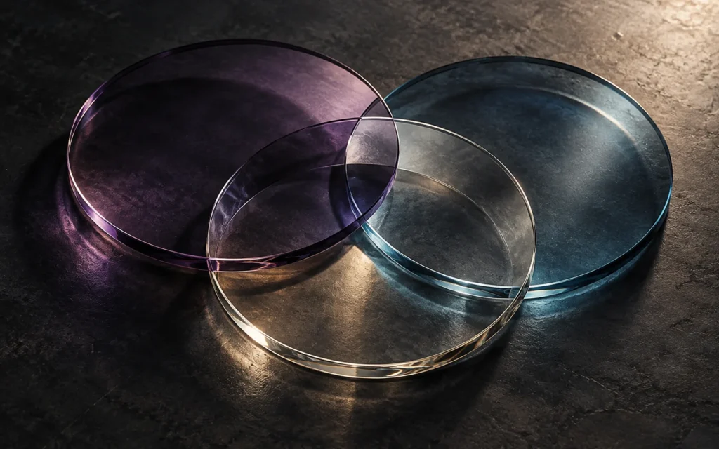 Three translucent glass discs overlap, their violet, cyan, and clear surfaces meeting at the center.