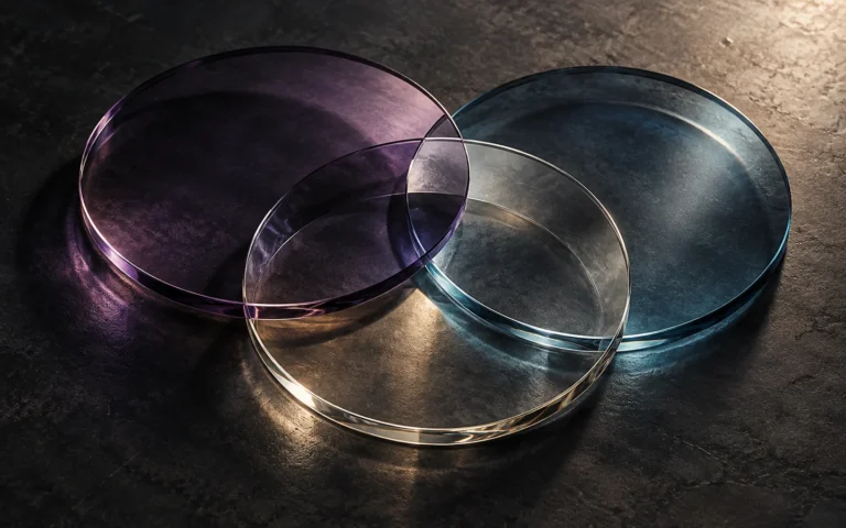 Three translucent glass discs overlap, their violet, cyan, and clear surfaces meeting at the center.