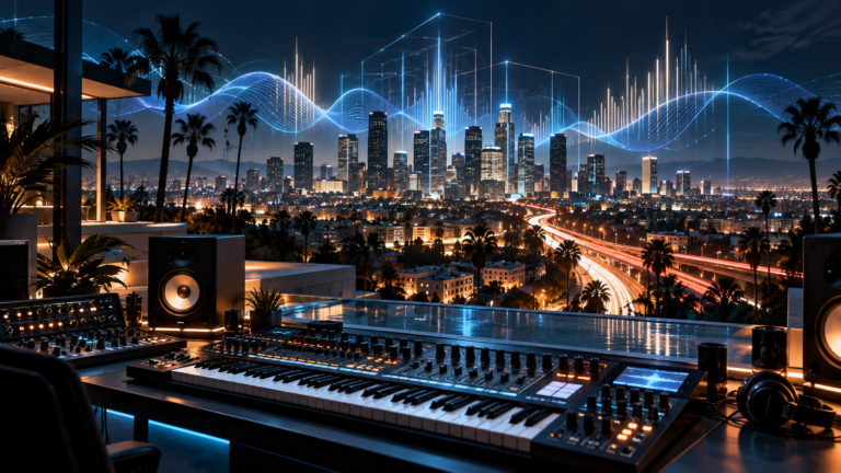 Futuristic electronic music studio overlooking the illuminated downtown Los Angeles skyline at night