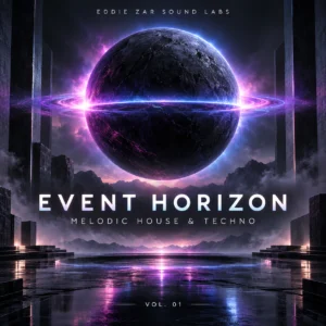 Event Horizon Melodic House and Techno sample pack by Eddie Zar Sound Labs, dark orb with violet and electric blue halo