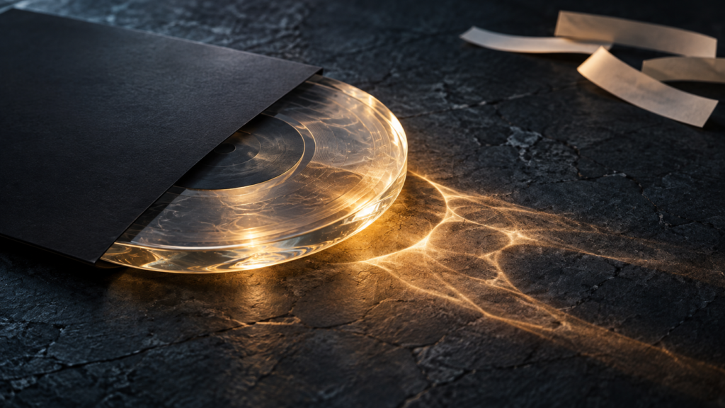 A clear sound disc emerging from a blank black sleeve casts warm light across dark stone