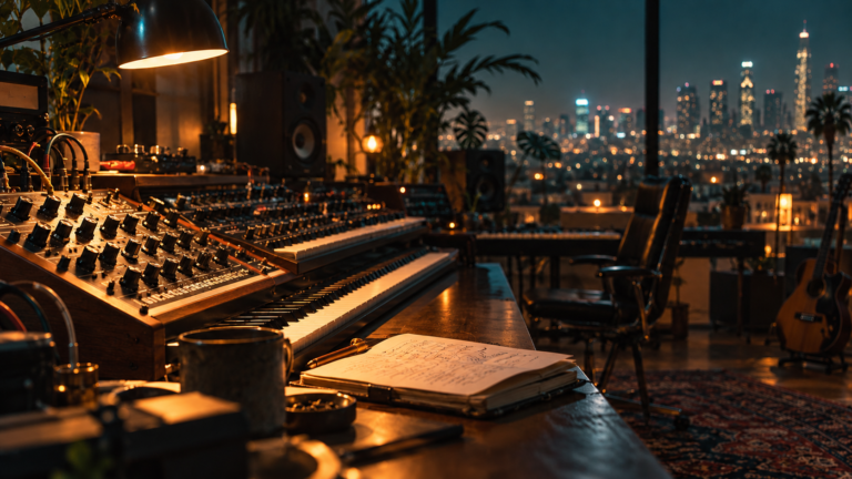 An empty Los Angeles music studio at night with synthesizers and a notebook beneath a warm lamp