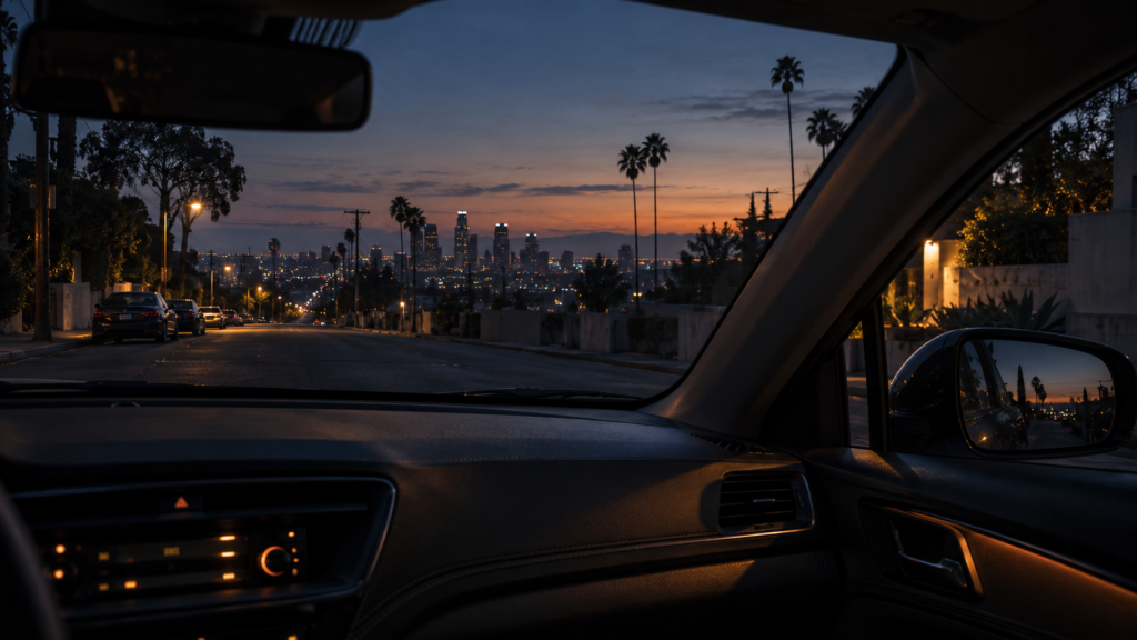 A quiet Los Angeles street at dusk seen through the windshield of a parked car