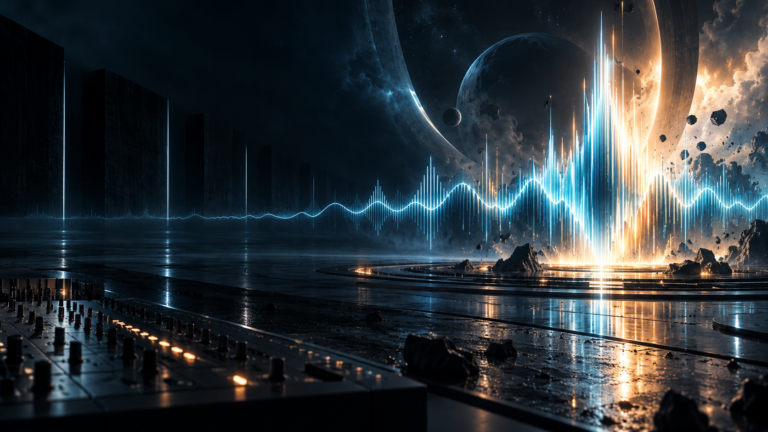 Abstract electronic waveform moving from darkness into an explosive burst of cyan and amber light