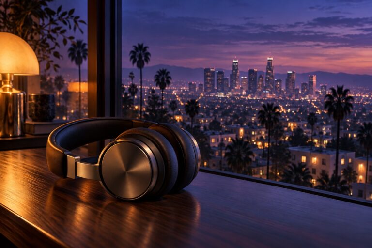 Headphones by a city window at dusk for attentive electronic music listening