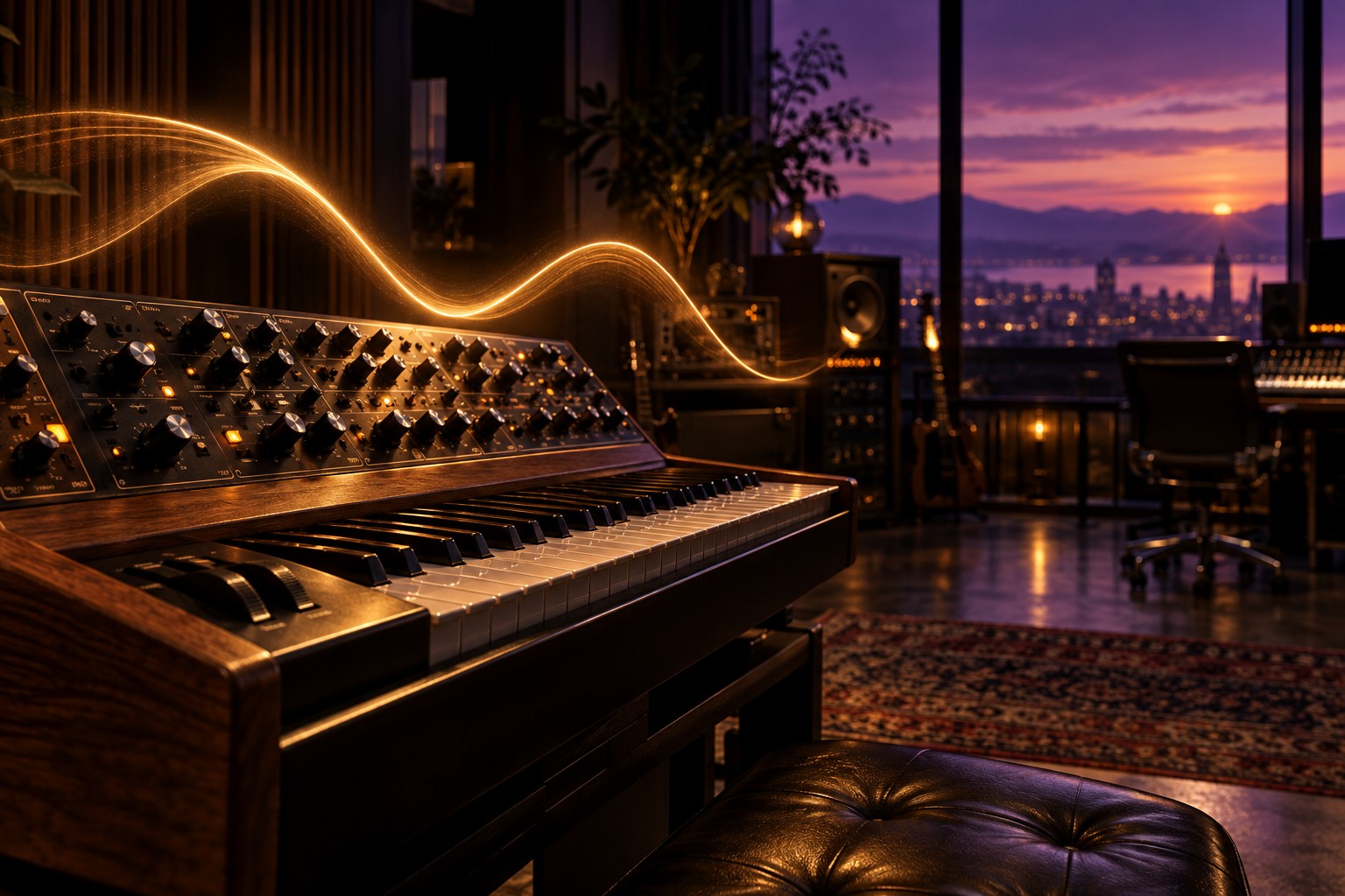 Warm synthesizer and glowing melodic wave in an electronic music studio at sunset