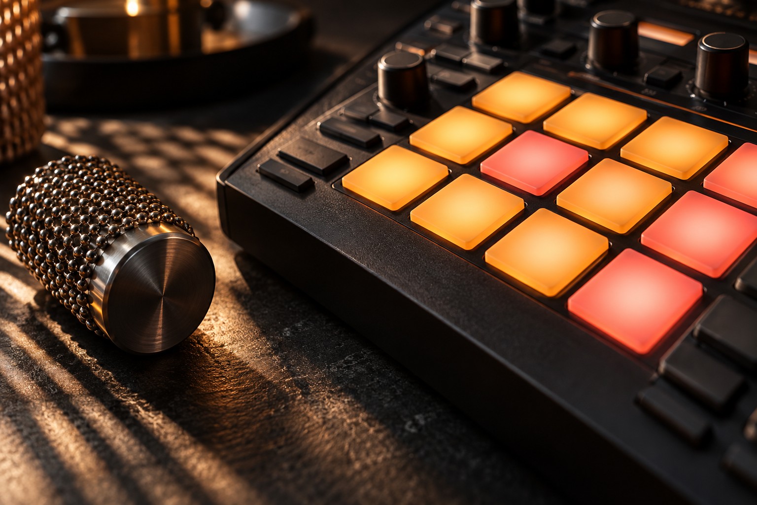 Electronic drum machine and rhythmic light patterns in a music studio