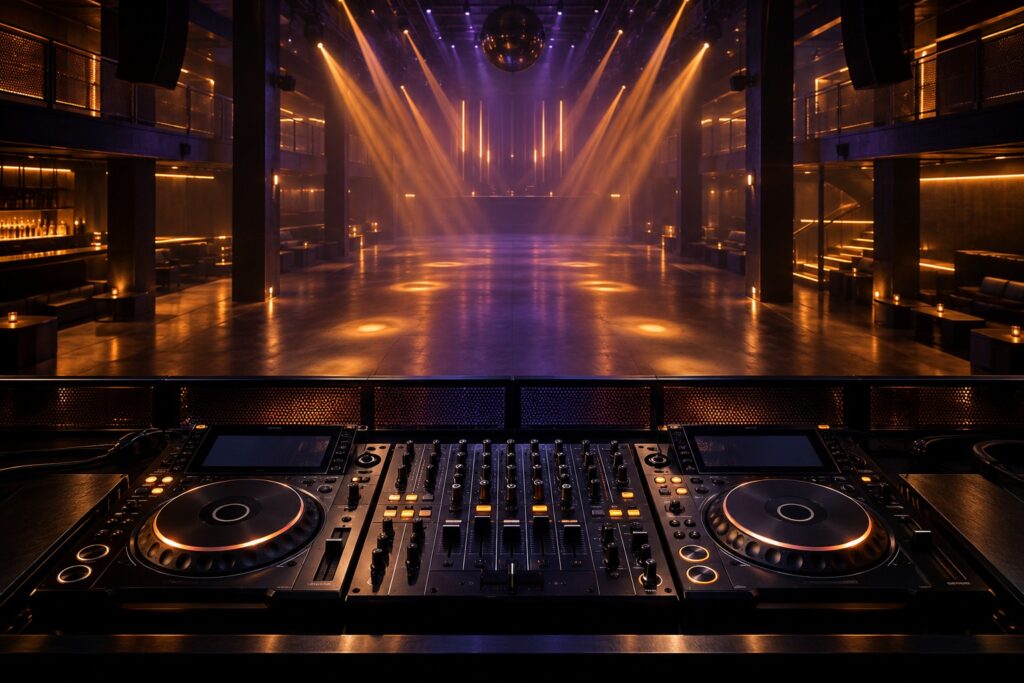 DJ mixing desk and extended electronic music performance atmosphere
