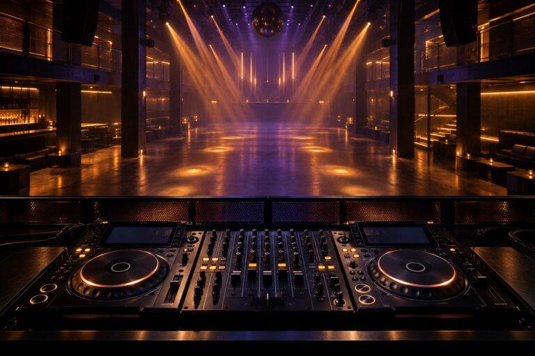 DJ mixing desk and extended electronic music performance atmosphere